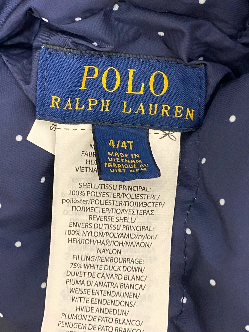 Polo Ralph Lauren Girls Navy White Polka Dot Reversible Quilted Down Puffer Vest